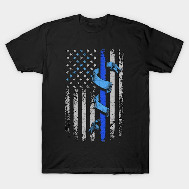 Flag American Police Officer Trisomy 18 Awareness Light Blue Ribbon Warrior T-Shirt by celsaclaudio506